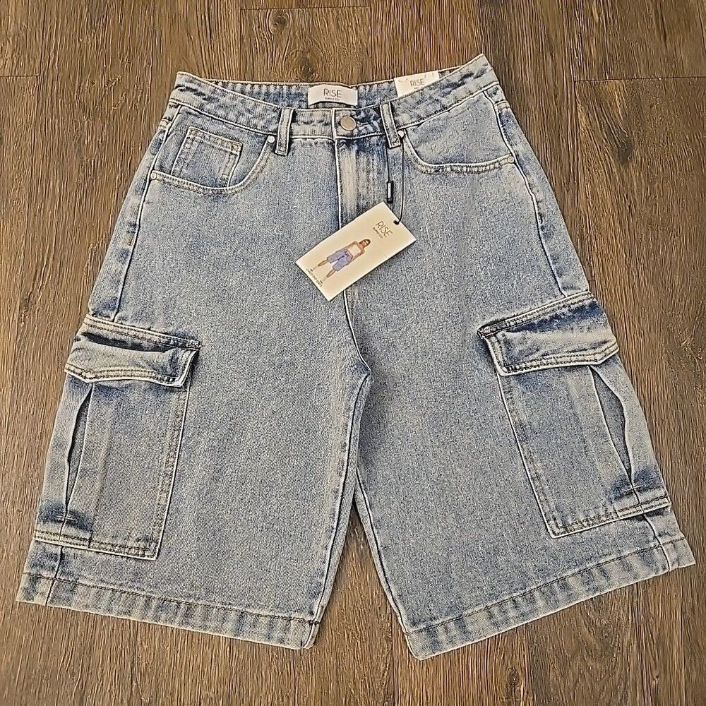 Rise Supply Co Women’s Cargo Dad Jorts Blue Jean Shorts Size 7 - Picture 2 of 5